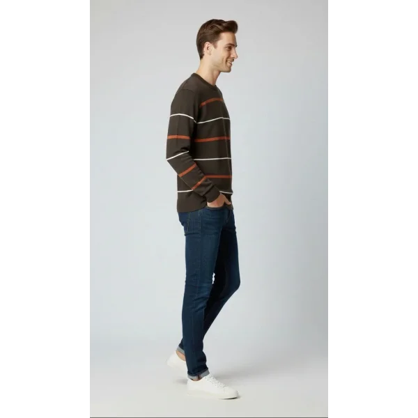 Erkek Bisiklet Yaka Cizgili Triko Kazak yumuşak dokulu Pamuklu ince Dokuma, uzun kollu Rahat Regular kalıp - Koyu Kahverengi