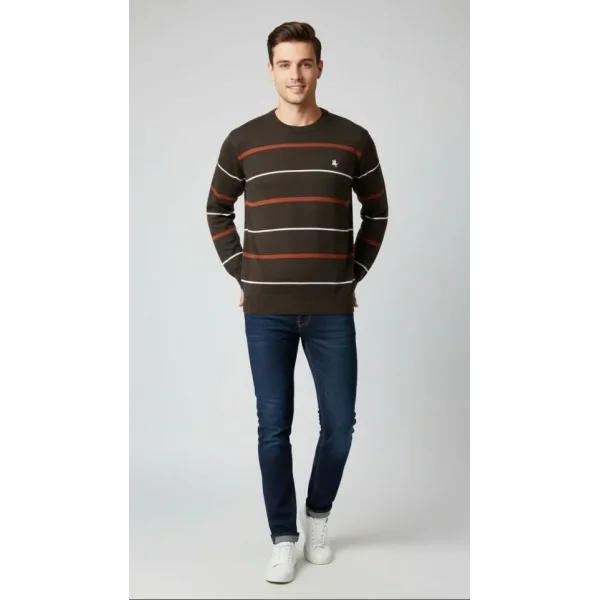 Erkek Bisiklet Yaka Cizgili Triko Kazak Yumuşak Dokulu Pamuklu Ince Dokuma, Uzun Kollu Rahat Regular Kalıp - Koyu Kahverengi