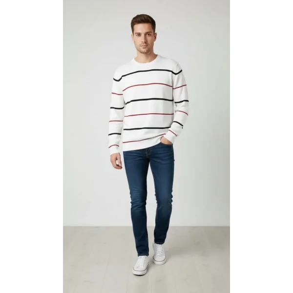 Erkek Bisiklet Yaka Cizgili Triko Kazak yumuşak dokulu Pamuklu ince Dokuma, uzun kollu Rahat Regular kalıp - Beyaz