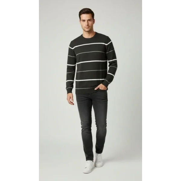 Erkek Bisiklet Yaka Cizgili Triko Kazak Yumuşak Dokulu Pamuklu Ince Dokuma, Uzun Kollu Rahat Regular Kalıp - Füme