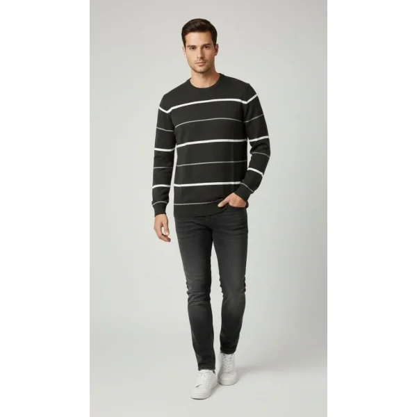 Erkek Bisiklet Yaka Cizgili Triko Kazak yumuşak dokulu Pamuklu ince Dokuma, uzun kollu Rahat Regular kalıp - Füme