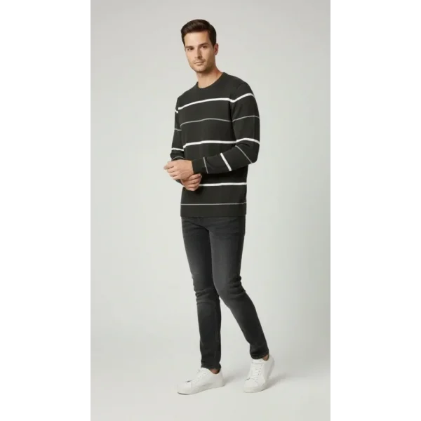 Erkek Bisiklet Yaka Cizgili Triko Kazak Yumuşak Dokulu Pamuklu Ince Dokuma, Uzun Kollu Rahat Regular Kalıp - Füme