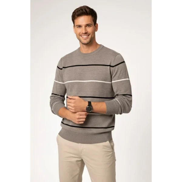 Erkek Bisiklet Yaka Cizgili Triko Kazak yumuşak dokulu Pamuklu ince Dokuma, uzun kollu Rahat Regular kalıp - Gri