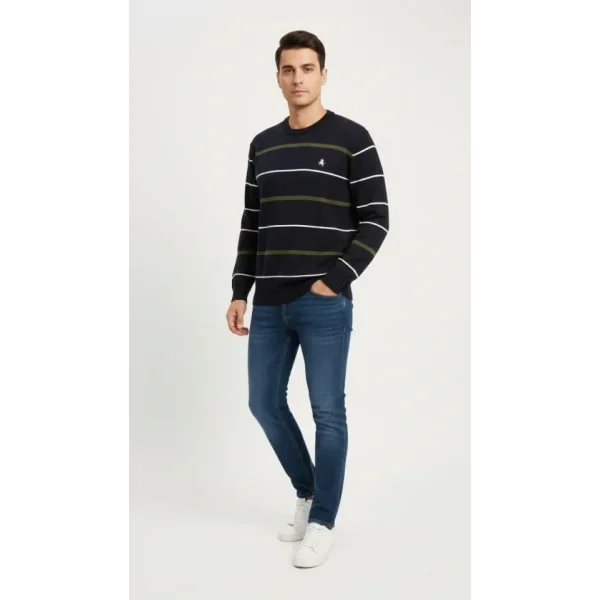 Erkek Bisiklet Yaka Cizgili Triko Kazak Yumuşak Dokulu Pamuklu Ince Dokuma, Uzun Kollu Rahat Regular Kalıp - Lacivert