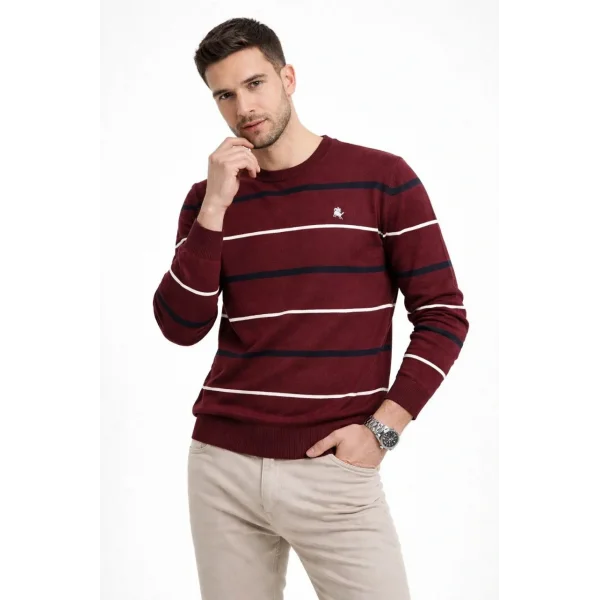 Erkek Bisiklet Yaka Cizgili Triko Kazak yumuşak dokulu Pamuklu ince Dokuma, uzun kollu Rahat Regular kalıp - Bordo