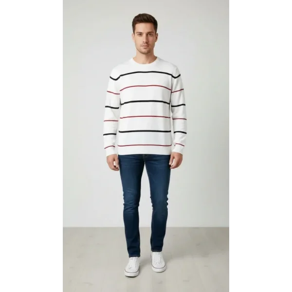 Erkek Bisiklet Yaka Cizgili Triko Kazak Yumuşak Dokulu Pamuklu Ince Dokuma, Uzun Kollu Rahat Regular Kalıp - Beyaz