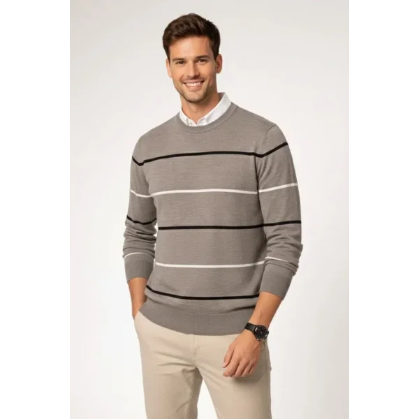 Erkek Bisiklet Yaka Cizgili Triko Kazak Yumuşak Dokulu Pamuklu Ince Dokuma, Uzun Kollu Rahat Regular Kalıp - Gri