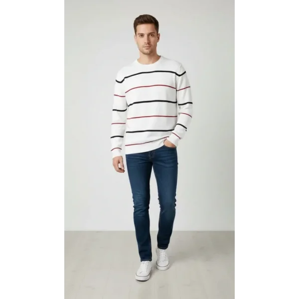 Erkek Bisiklet Yaka Cizgili Triko Kazak Yumuşak Dokulu Pamuklu Ince Dokuma, Uzun Kollu Rahat Regular Kalıp - Beyaz