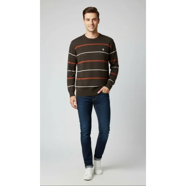 Erkek Bisiklet Yaka Cizgili Triko Kazak yumuşak dokulu Pamuklu ince Dokuma, uzun kollu Rahat Regular kalıp - Koyu Kahverengi