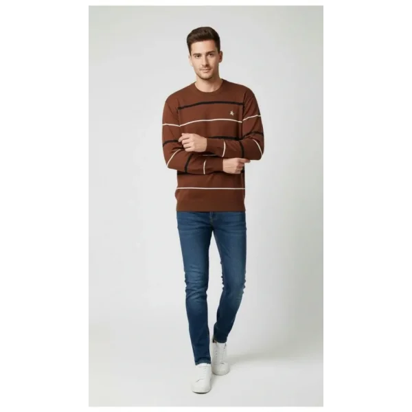 Erkek Bisiklet Yaka Cizgili Triko Kazak Yumuşak Dokulu Pamuklu Ince Dokuma, Uzun Kollu Rahat Regular Kalıp - Kahverengi