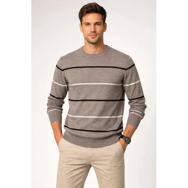 Erkek Bisiklet Yaka Cizgili Triko Kazak yumuşak dokulu Pamuklu ince Dokuma, uzun kollu Rahat Regular kalıp - Gri