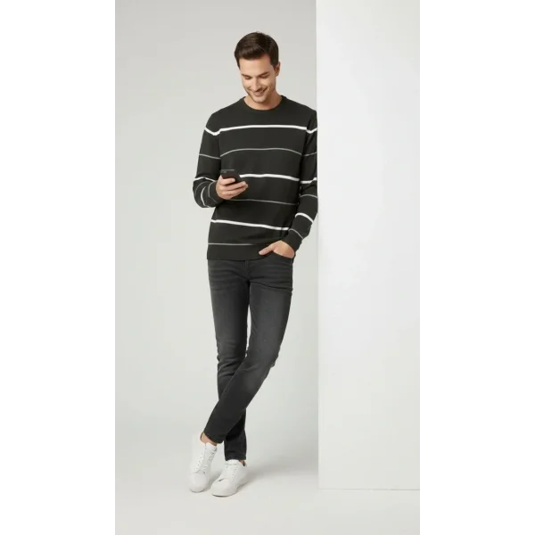 Erkek Bisiklet Yaka Cizgili Triko Kazak yumuşak dokulu Pamuklu ince Dokuma, uzun kollu Rahat Regular kalıp - Füme