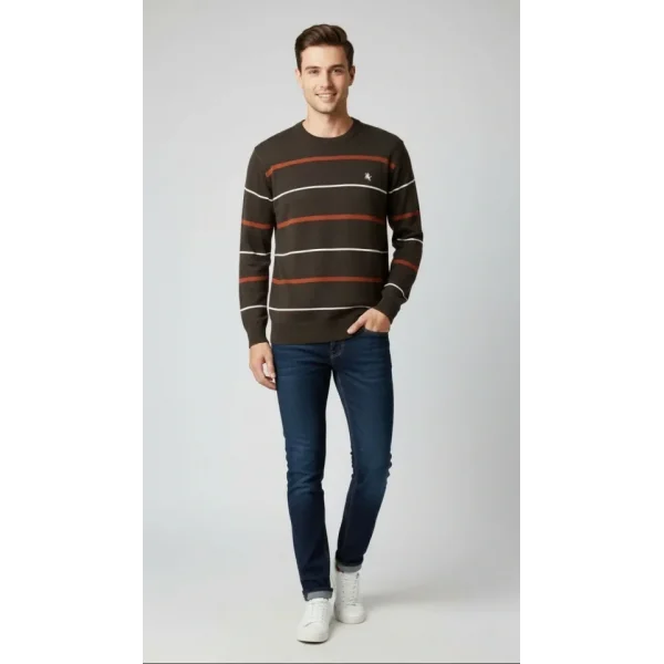 Erkek Bisiklet Yaka Cizgili Triko Kazak Yumuşak Dokulu Pamuklu Ince Dokuma, Uzun Kollu Rahat Regular Kalıp - Koyu Kahverengi