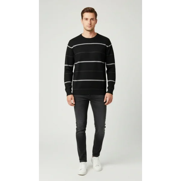 Erkek Bisiklet Yaka Cizgili Triko Kazak yumuşak dokulu Pamuklu ince Dokuma, uzun kollu Rahat Regular kalıp - Siyah