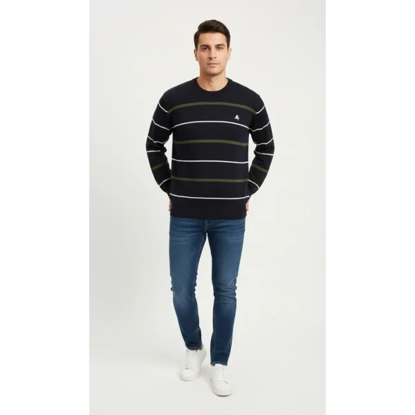 Erkek Bisiklet Yaka Cizgili Triko Kazak yumuşak dokulu Pamuklu ince Dokuma, uzun kollu Rahat Regular kalıp - Lacivert