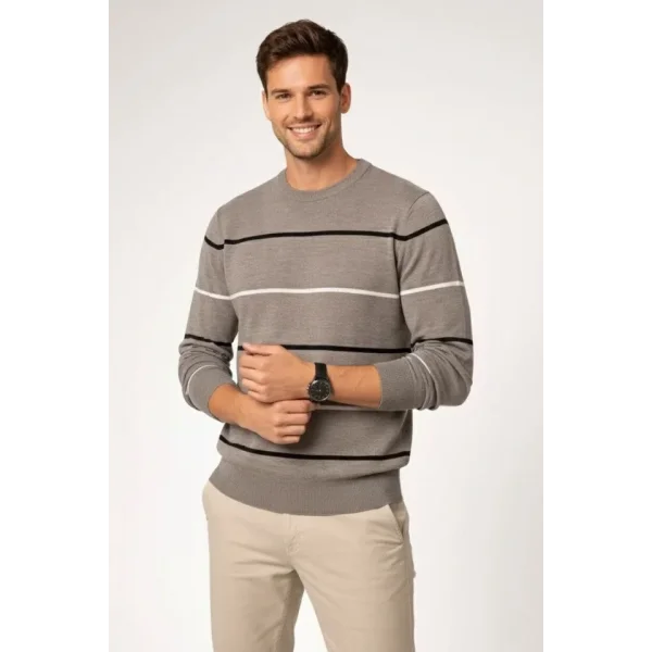 Erkek Bisiklet Yaka Cizgili Triko Kazak Yumuşak Dokulu Pamuklu Ince Dokuma, Uzun Kollu Rahat Regular Kalıp - Gri