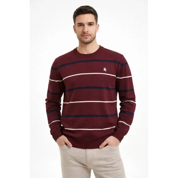 Erkek Bisiklet Yaka Cizgili Triko Kazak Yumuşak Dokulu Pamuklu Ince Dokuma, Uzun Kollu Rahat Regular Kalıp - Bordo