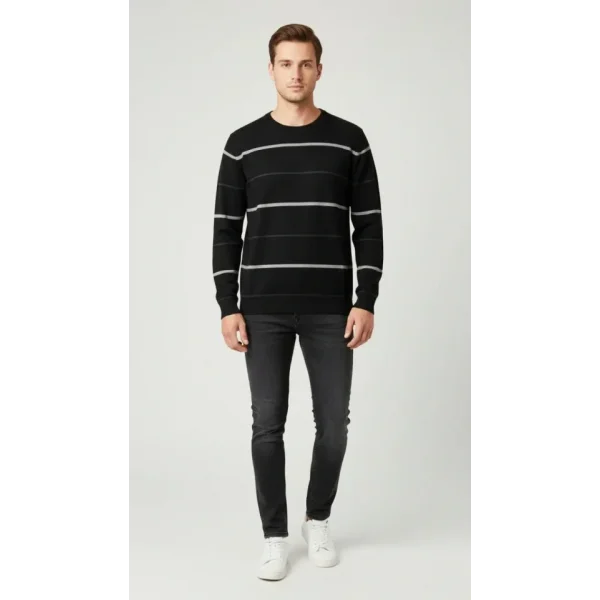 Erkek Bisiklet Yaka Cizgili Triko Kazak Yumuşak Dokulu Pamuklu Ince Dokuma, Uzun Kollu Rahat Regular Kalıp - Siyah