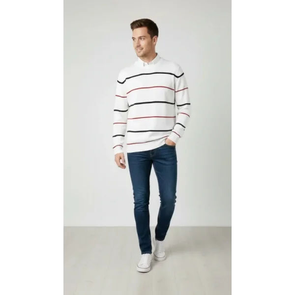 Erkek Bisiklet Yaka Cizgili Triko Kazak Yumuşak Dokulu Pamuklu Ince Dokuma, Uzun Kollu Rahat Regular Kalıp - Beyaz