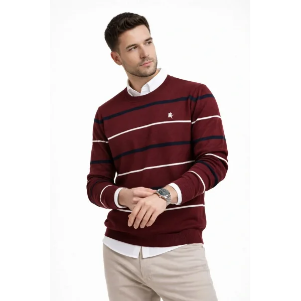 Erkek Bisiklet Yaka Cizgili Triko Kazak yumuşak dokulu Pamuklu ince Dokuma, uzun kollu Rahat Regular kalıp - Bordo