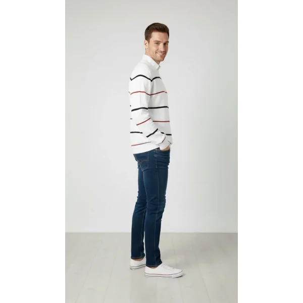 Erkek Bisiklet Yaka Cizgili Triko Kazak yumuşak dokulu Pamuklu ince Dokuma, uzun kollu Rahat Regular kalıp - Beyaz