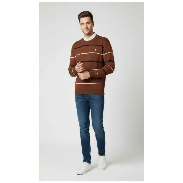 Erkek Bisiklet Yaka Cizgili Triko Kazak Yumuşak Dokulu Pamuklu Ince Dokuma, Uzun Kollu Rahat Regular Kalıp - Kahverengi