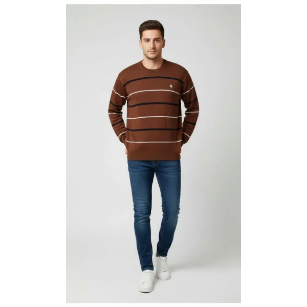 Erkek Bisiklet Yaka Cizgili Triko Kazak yumuşak dokulu Pamuklu ince Dokuma, uzun kollu Rahat Regular kalıp - Kahverengi