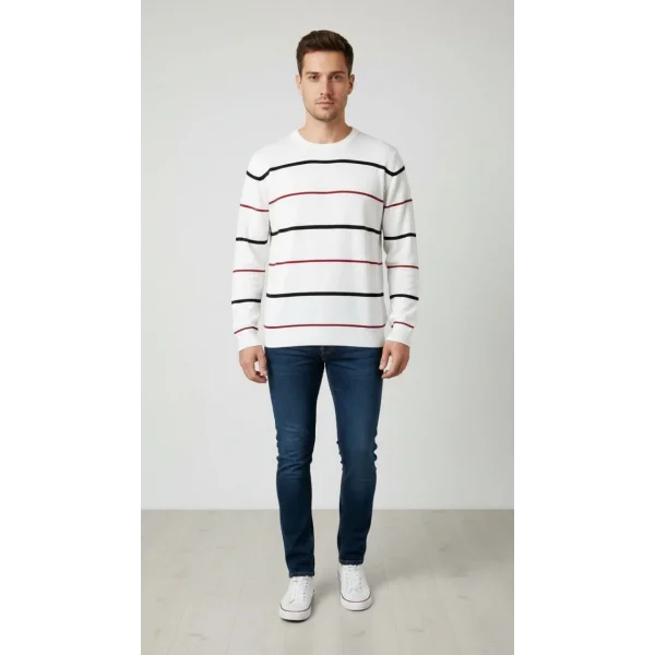 Erkek Bisiklet Yaka Cizgili Triko Kazak yumuşak dokulu Pamuklu ince Dokuma, uzun kollu Rahat Regular kalıp - Beyaz