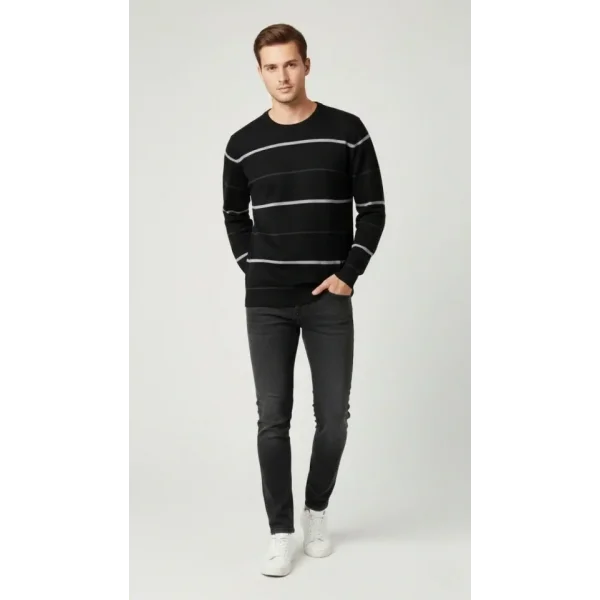 Erkek Bisiklet Yaka Cizgili Triko Kazak Yumuşak Dokulu Pamuklu Ince Dokuma, Uzun Kollu Rahat Regular Kalıp - Siyah