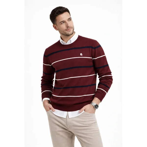 Erkek Bisiklet Yaka Cizgili Triko Kazak yumuşak dokulu Pamuklu ince Dokuma, uzun kollu Rahat Regular kalıp - Bordo