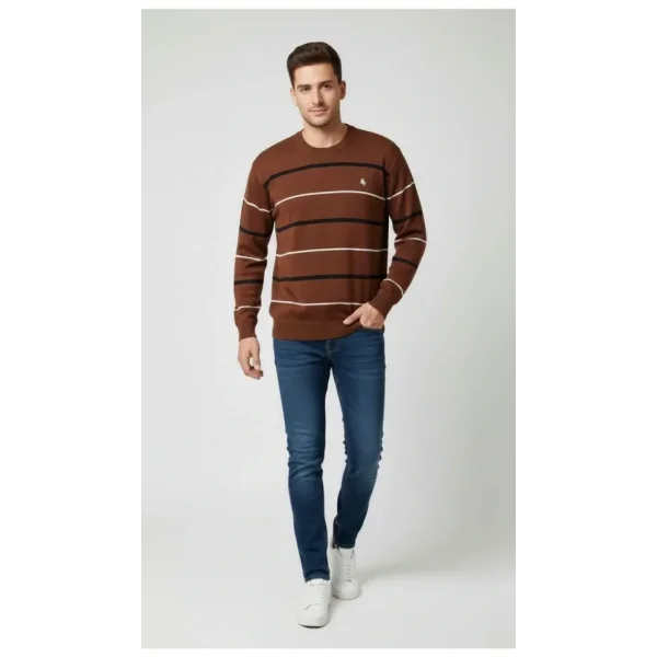 Erkek Bisiklet Yaka Cizgili Triko Kazak Yumuşak Dokulu Pamuklu Ince Dokuma, Uzun Kollu Rahat Regular Kalıp - Kahverengi