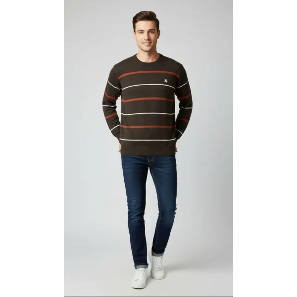 Erkek Bisiklet Yaka Cizgili Triko Kazak yumuşak dokulu Pamuklu ince Dokuma, uzun kollu Rahat Regular kalıp - Koyu Kahverengi