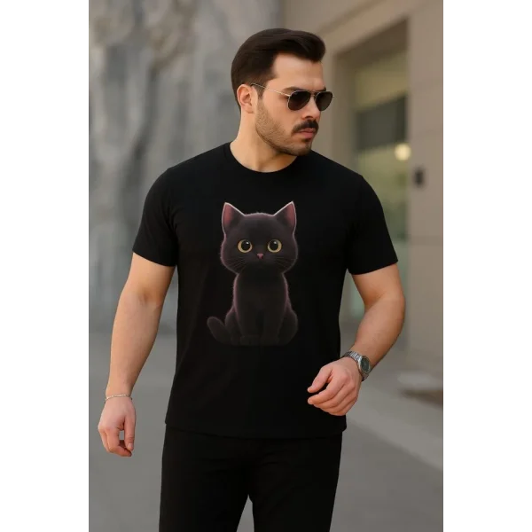 Erkek Bisiklet Yaka Kedi Baskılı Süprem T-shirt