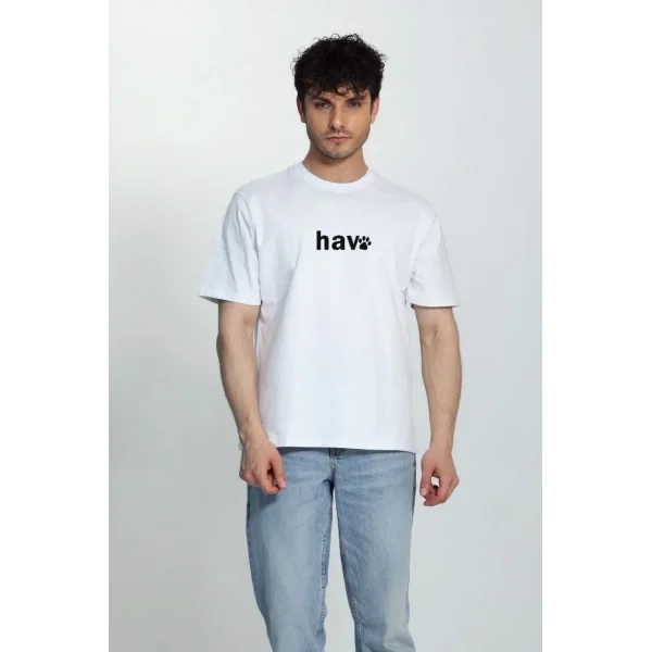 Erkek Bisiklet Yaka Kısa Kol hav Baskılı T-shirt - Beyaz