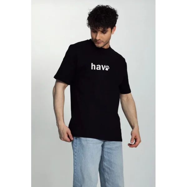 Erkek Bisiklet Yaka Kısa Kol hav Baskılı T-shirt - Siyah