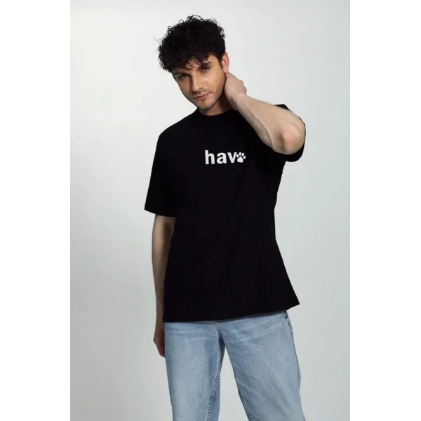 Erkek Bisiklet Yaka Kısa Kol hav Baskılı T-shirt - Siyah