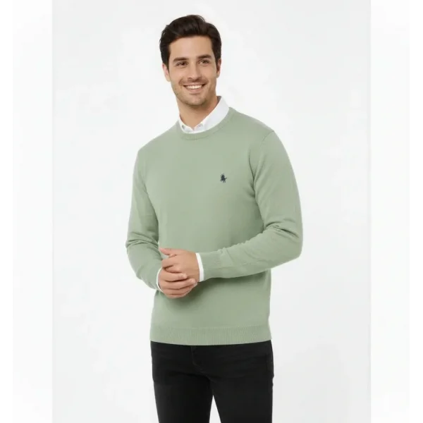 Erkek Bisiklet Yaka Nakış Işlemeli Triko Kazak Yumuşak Dokulu Pamuklu Ince Dokuma, Uzun Kollu Rahat Regular Kalıp - Mint Yeşili