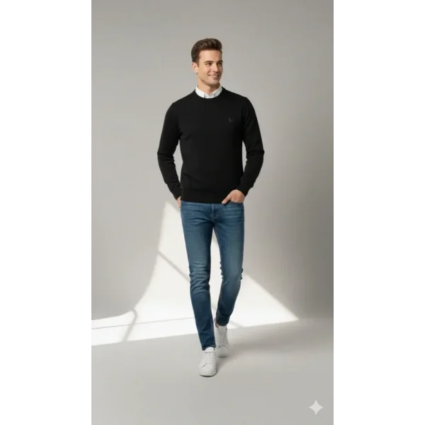 Erkek Bisiklet Yaka Nakış Işlemeli Triko Kazak Yumuşak Dokulu Pamuklu Ince Dokuma, Uzun Kollu Rahat Regular Kalıp - Siyah