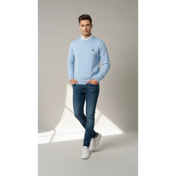 Erkek Bisiklet Yaka Nakış işlemeli Triko Kazak yumuşak dokulu Pamuklu ince Dokuma, uzun kollu Rahat Regular kalıp - Mavi