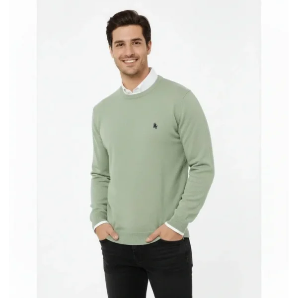 Erkek Bisiklet Yaka Nakış Işlemeli Triko Kazak Yumuşak Dokulu Pamuklu Ince Dokuma, Uzun Kollu Rahat Regular Kalıp - Mint Yeşili