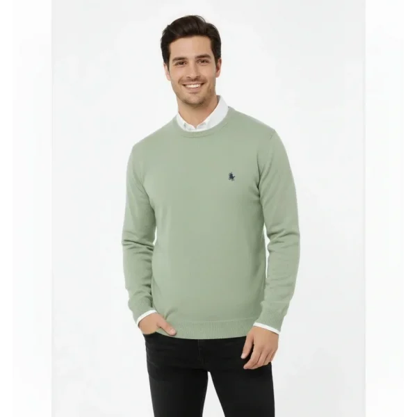 Erkek Bisiklet Yaka Nakış Işlemeli Triko Kazak Yumuşak Dokulu Pamuklu Ince Dokuma, Uzun Kollu Rahat Regular Kalıp - Mint Yeşili