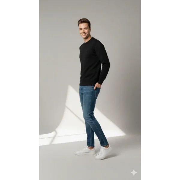 Erkek Bisiklet Yaka Nakış Işlemeli Triko Kazak Yumuşak Dokulu Pamuklu Ince Dokuma, Uzun Kollu Rahat Regular Kalıp - Siyah