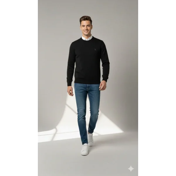 Erkek Bisiklet Yaka Nakış işlemeli Triko Kazak yumuşak dokulu Pamuklu ince Dokuma, uzun kollu Rahat Regular kalıp - Siyah