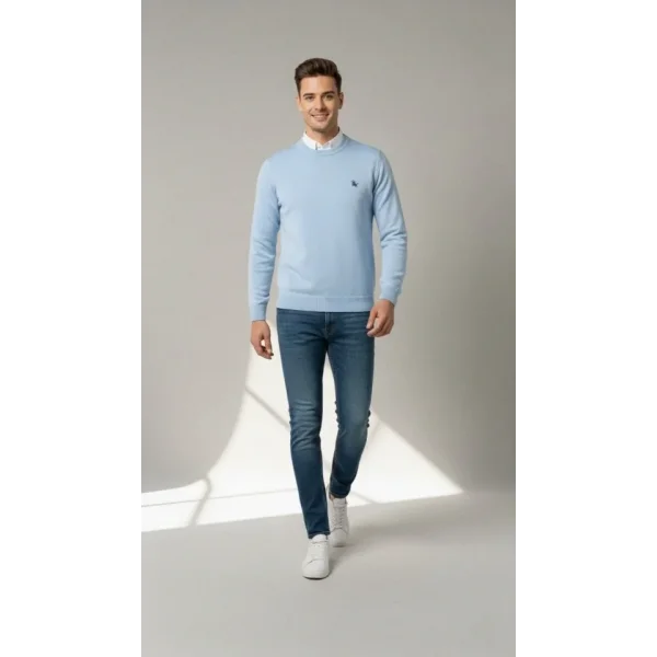 Erkek Bisiklet Yaka Nakış Işlemeli Triko Kazak Yumuşak Dokulu Pamuklu Ince Dokuma, Uzun Kollu Rahat Regular Kalıp - Mavi