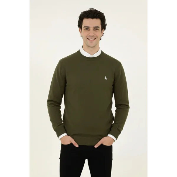 Erkek Bisiklet Yaka Nakış işlemeli Triko Kazak yumuşak dokulu Pamuklu ince Dokuma, uzun kollu Rahat Regular kalıp - Haki