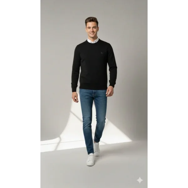 Erkek Bisiklet Yaka Nakış Işlemeli Triko Kazak Yumuşak Dokulu Pamuklu Ince Dokuma, Uzun Kollu Rahat Regular Kalıp - Siyah