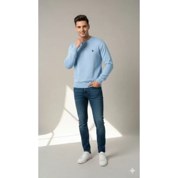 Erkek Bisiklet Yaka Nakış Işlemeli Triko Kazak Yumuşak Dokulu Pamuklu Ince Dokuma, Uzun Kollu Rahat Regular Kalıp - Mavi