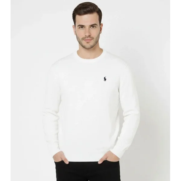 Erkek Bisiklet Yaka Nakış işlemeli Triko Kazak yumuşak dokulu Pamuklu ince Dokuma, uzun kollu Rahat Regular kalıp - Beyaz