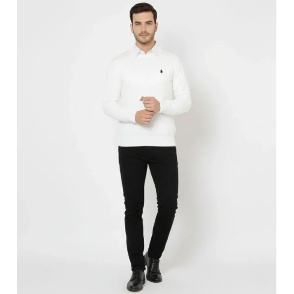 Erkek Bisiklet Yaka Nakış işlemeli Triko Kazak yumuşak dokulu Pamuklu ince Dokuma, uzun kollu Rahat Regular kalıp - Beyaz