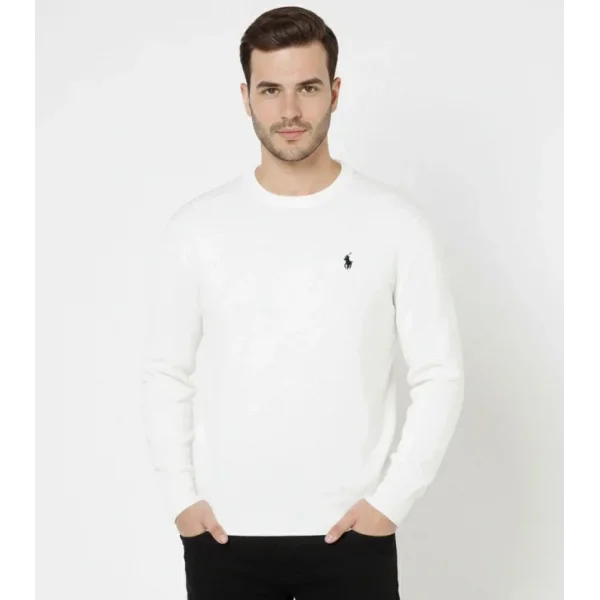 Erkek Bisiklet Yaka Nakış Işlemeli Triko Kazak Yumuşak Dokulu Pamuklu Ince Dokuma, Uzun Kollu Rahat Regular Kalıp - Beyaz